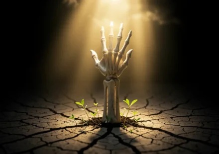 Mão esquelética no chão seco recebendo luz dourada, simbolizando a passagem da morte para a vida em Cristo.