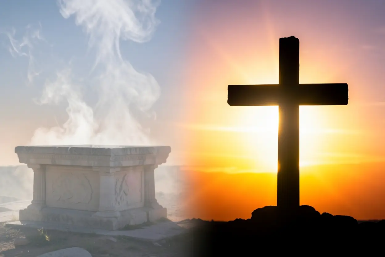 Trecho de manuscrito ilustrado de Hebreus 9 com Cristo entrando no santuário celestial