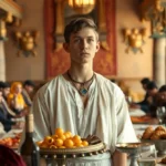 Jovem Daniel em Babilônia, recusando a comida do rei