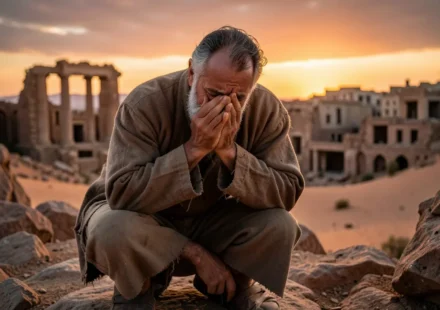 Davi chorando a morte de Saul em um deserto rochoso.