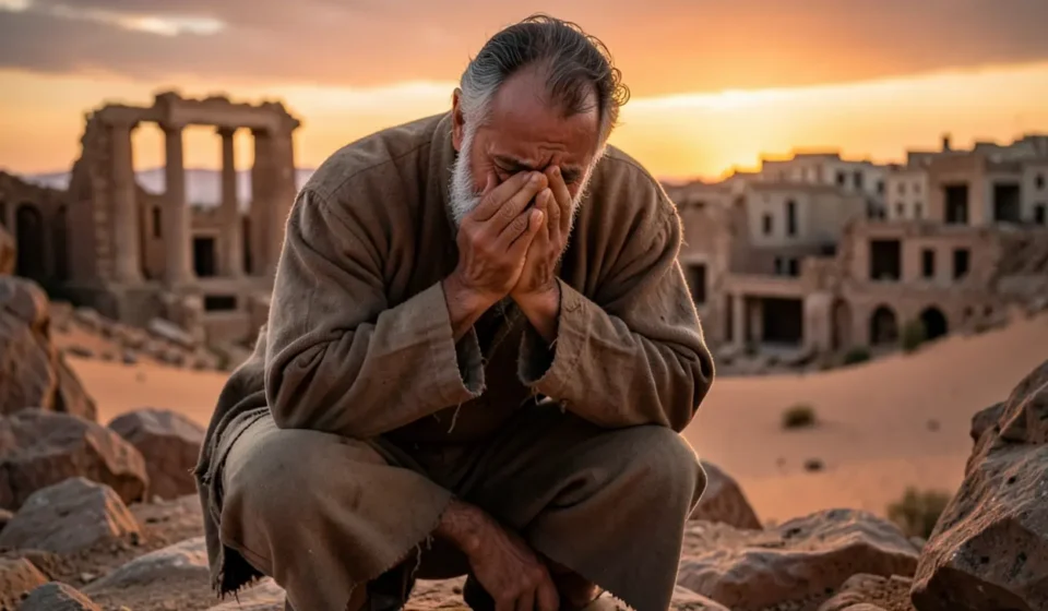Por que Davi chorou a morte de Saul? A dor de um rei e a lição da fé Davi chorando a morte de Saul em um deserto rochoso.