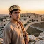 Davi ungido rei em Hebrom, com coroa simples, olhando para a cidade.