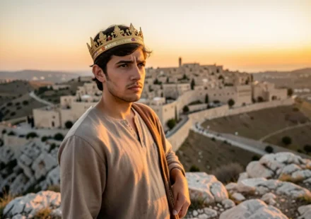 Davi ungido rei em Hebrom, com coroa simples, olhando para a cidade.