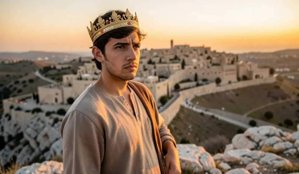 Davi ungido rei em Hebrom, com coroa simples, olhando para a cidade.