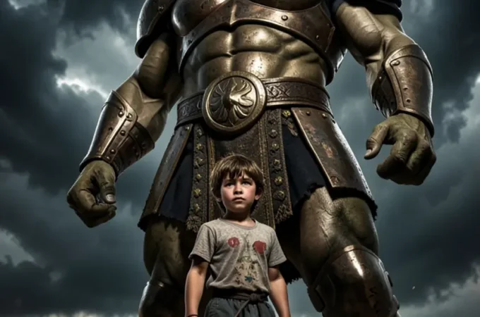 O jovem Davi enfrentando o gigante Golias em um cenário dramático.