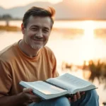 Homem sereno meditando na Bíblia ao amanhecer.