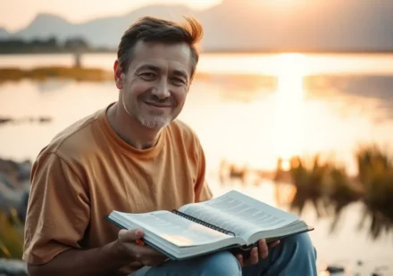 Homem sereno meditando na Bíblia ao amanhecer.