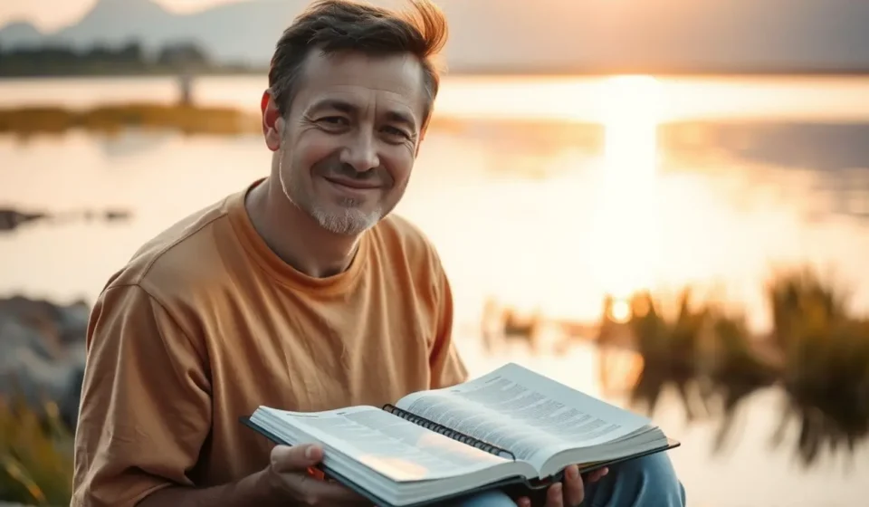 Homem sereno meditando na Bíblia ao amanhecer.
