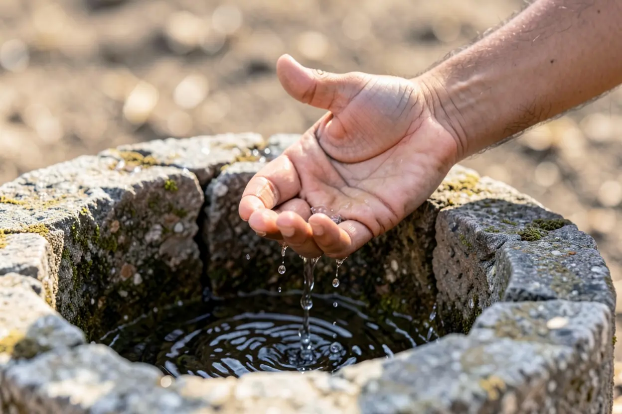 Mão tentando reter água em uma cisterna rachada.