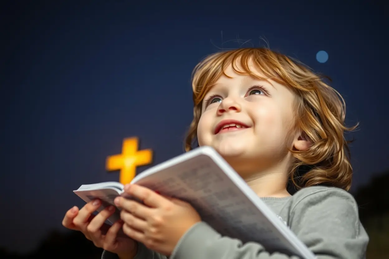 Criança olhando para o céu estrelado com uma Bíblia, representando a compreensão dos pilares da fé.