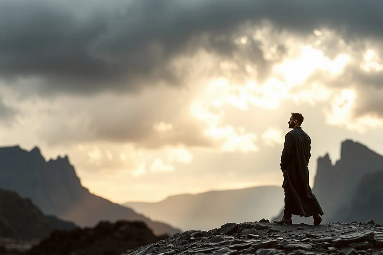 Homem contemplando a justiça divina