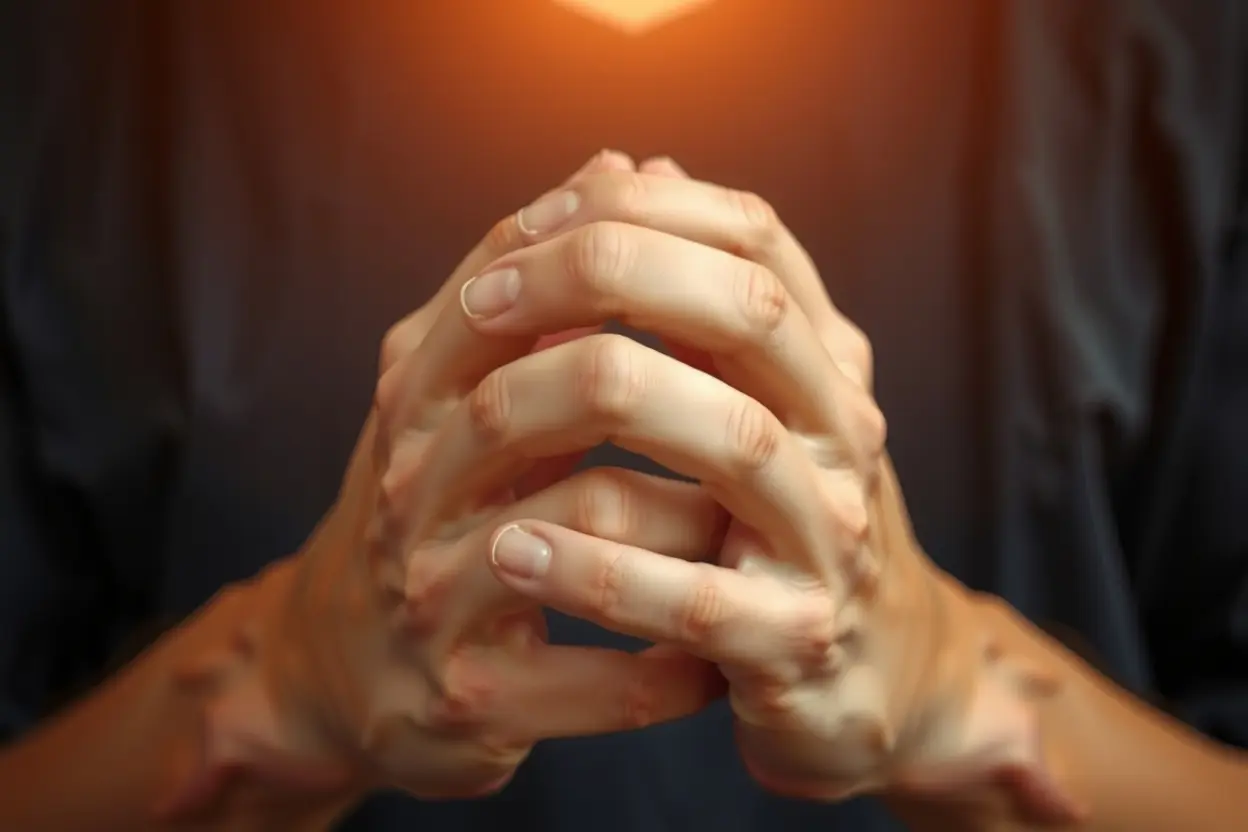 Mãos em oração sob luz suave, refletindo o significado de 'observaste o meu servo Jó'.