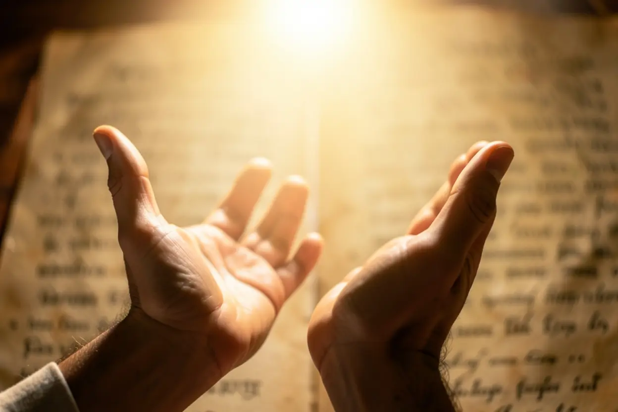 Mãos abertas para o céu, recebendo luz, simbolizando a bênção de Deus Pai