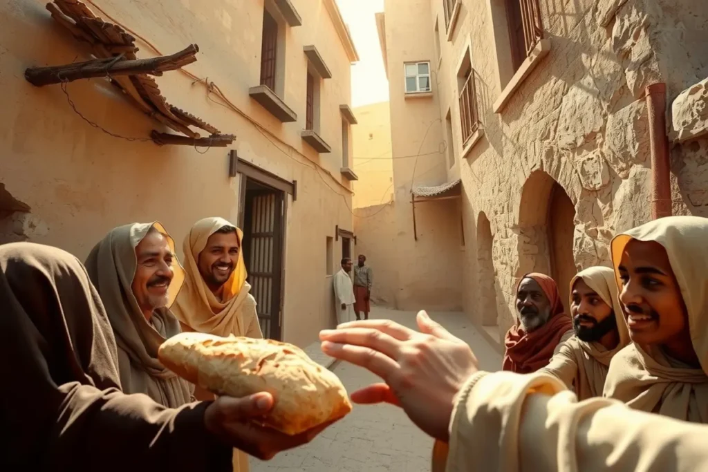 Moradores de Belém recebendo pão, um milagre de provisão.