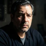 Homem pensativo em ambiente de luz e sombra, simbolizando conflito espiritual sobre idolatria.