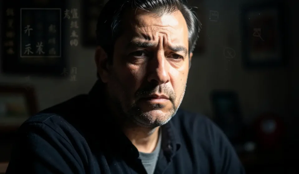 Homem pensativo em ambiente de luz e sombra, simbolizando conflito espiritual sobre idolatria.