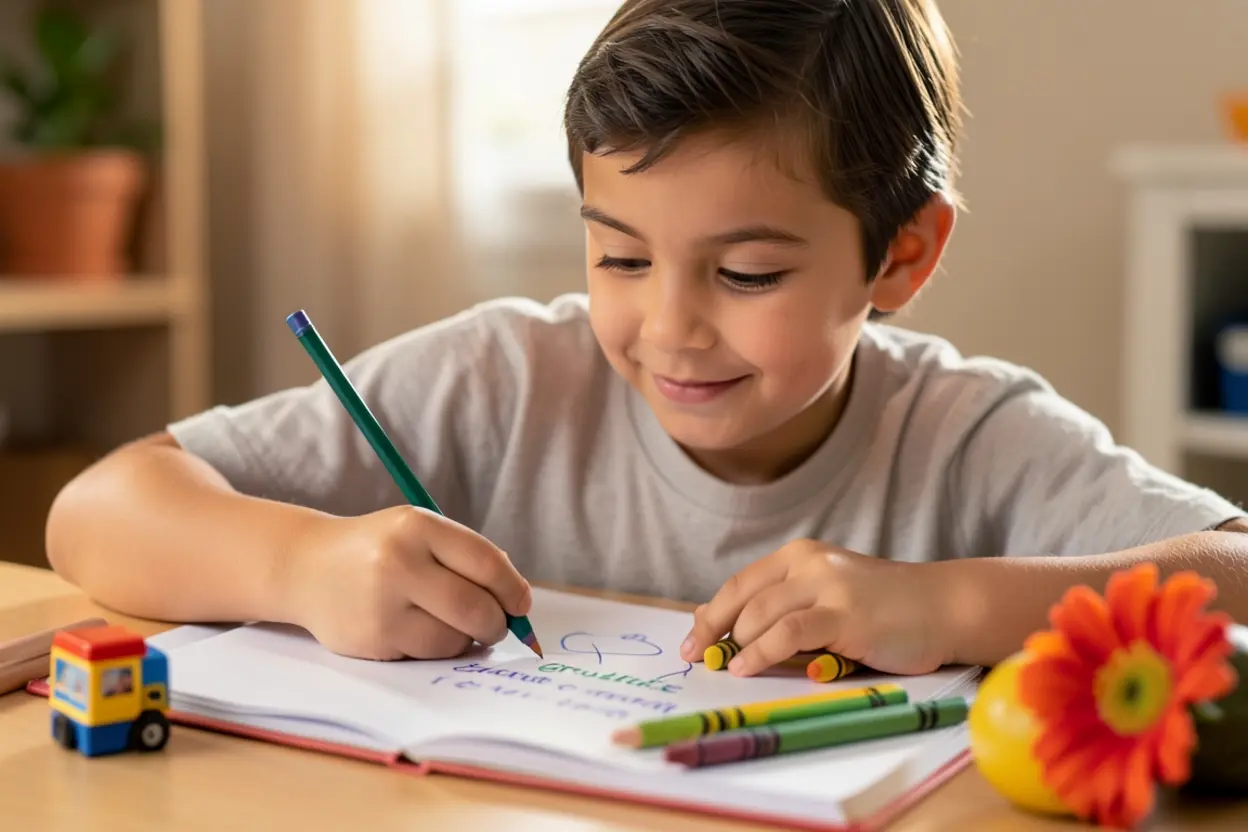 Criança desenhando em um diário de gratidão.