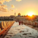 Ruínas antigas e um novo templo sendo construído, simbolizando a restauração.