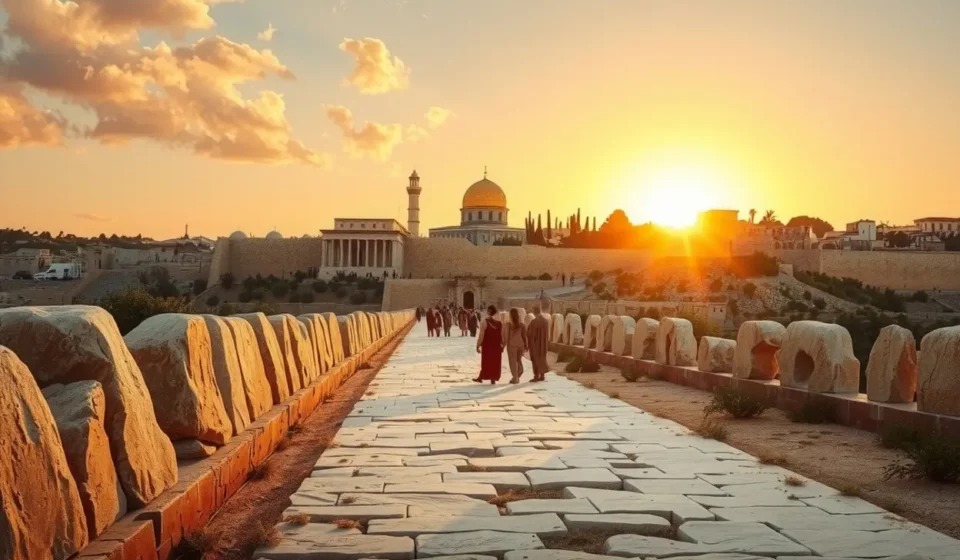 Ruínas antigas e um novo templo sendo construído, simbolizando a restauração.