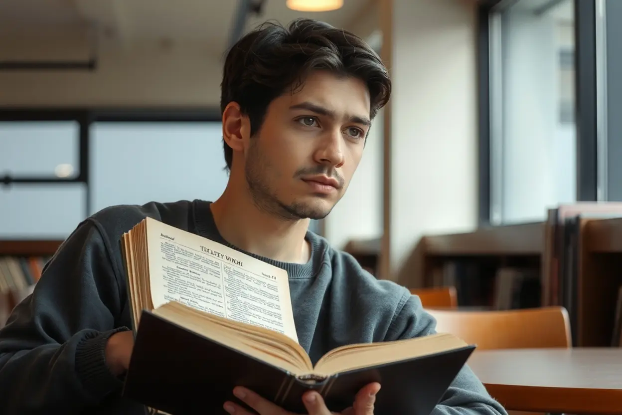 Homem pensativo com livro antigo, simbolizando a dúvida e a fé.