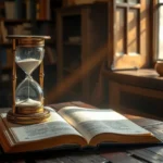 Ampulheta e Bíblia aberta em Eclesiastes 3:1, simbolizando o tempo determinado por Deus.