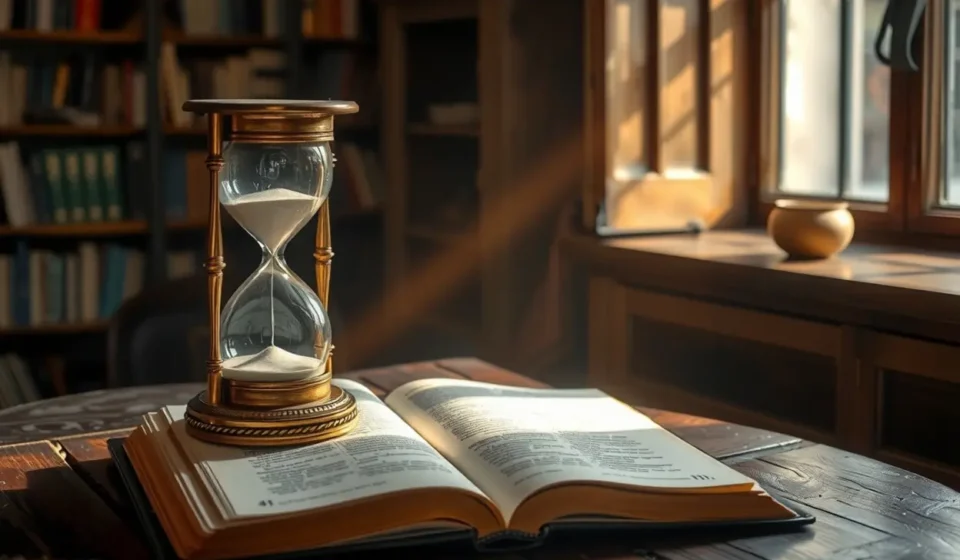 Eclesiastes 3:1: Entenda Por Que Tudo Tem Seu Tempo Determinado Ampulheta e Bíblia aberta em Eclesiastes 3:1, simbolizando o tempo determinado por Deus.