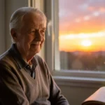 Batismo: O Testemunho Público de Uma Vida Gloriosa em Cristo Pessoa idosa contemplando o pôr do sol, simbolizando a sabedoria de Eclesiastes 7:1