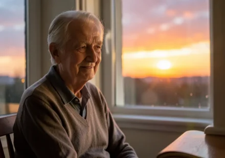 Eclesiastes 7:1: A Sabedoria Divina na Morte e o Propósito da Vida Pessoa idosa contemplando o pôr do sol, simbolizando a sabedoria de Eclesiastes 7:1