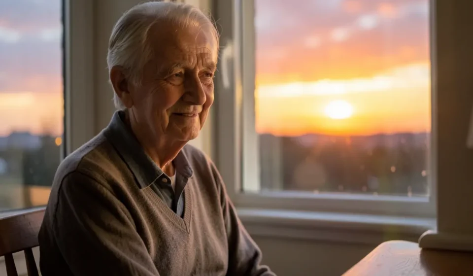 Pessoa idosa contemplando o pôr do sol, simbolizando a sabedoria de Eclesiastes 7:1