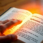 Mão tocando a Bíblia aberta em Efésios 1:13, luz suave