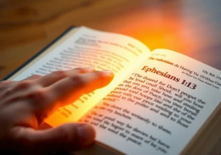 Mão tocando a Bíblia aberta em Efésios 1:13, luz suave