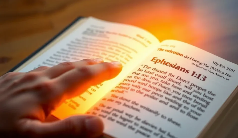 Mão tocando a Bíblia aberta em Efésios 1:13, luz suave