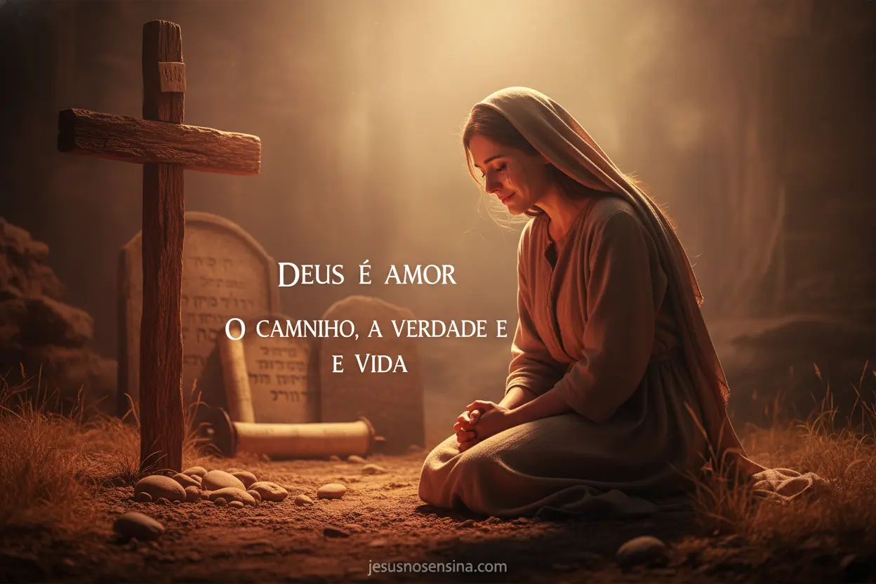 Ensino Bíblico sobre o Evangelho Pessoa ajoelhada diante da cruz, simbolizando arrependimento e fé.