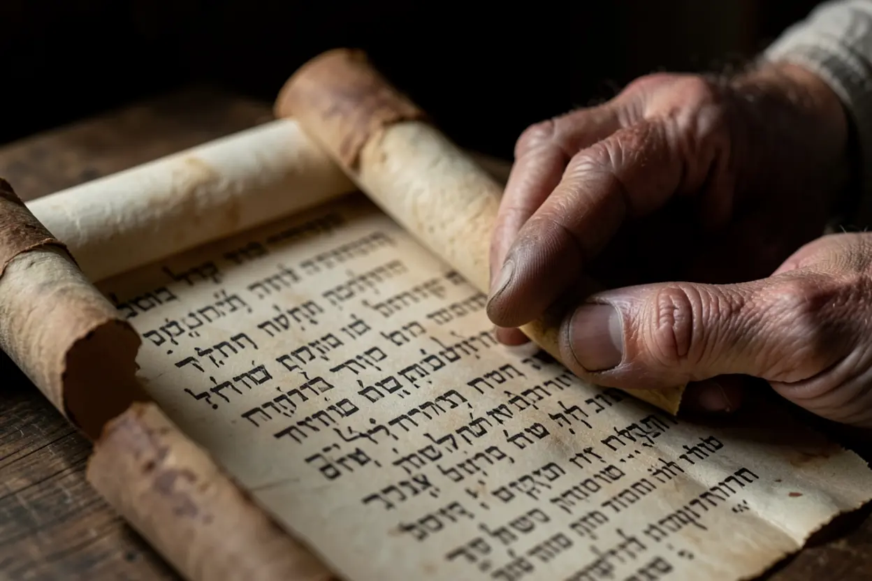 Entendimento de Habacuque 2:3 Mão antiga desenrolando um pergaminho com escrita hebraica, sob luz suave.