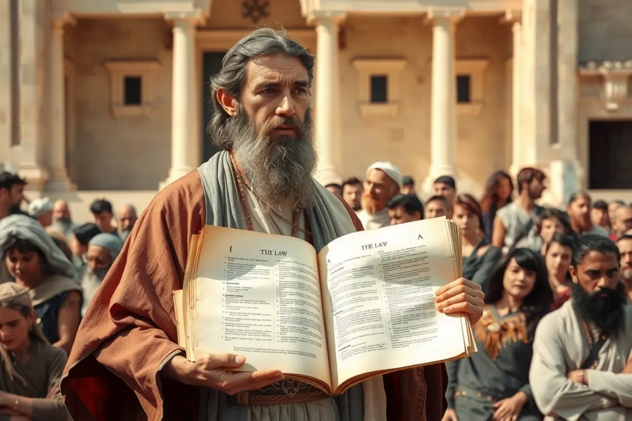 Esdras e a Lei de Deus Esdras, o sacerdote, lendo a Torá para a congregação, enfatizando sua fidelidade à Lei.