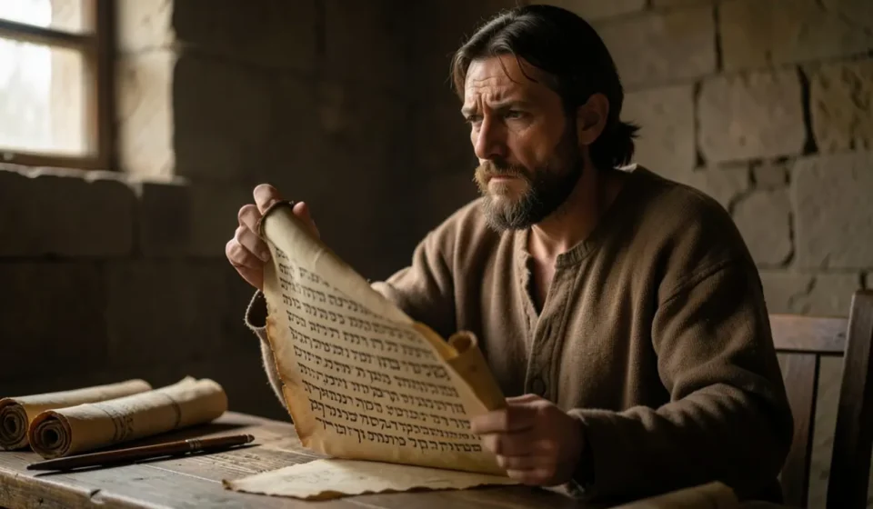 Esdras, escriba e sacerdote, com rolo da Torá, simbolizando o significado de seu nome e missão.