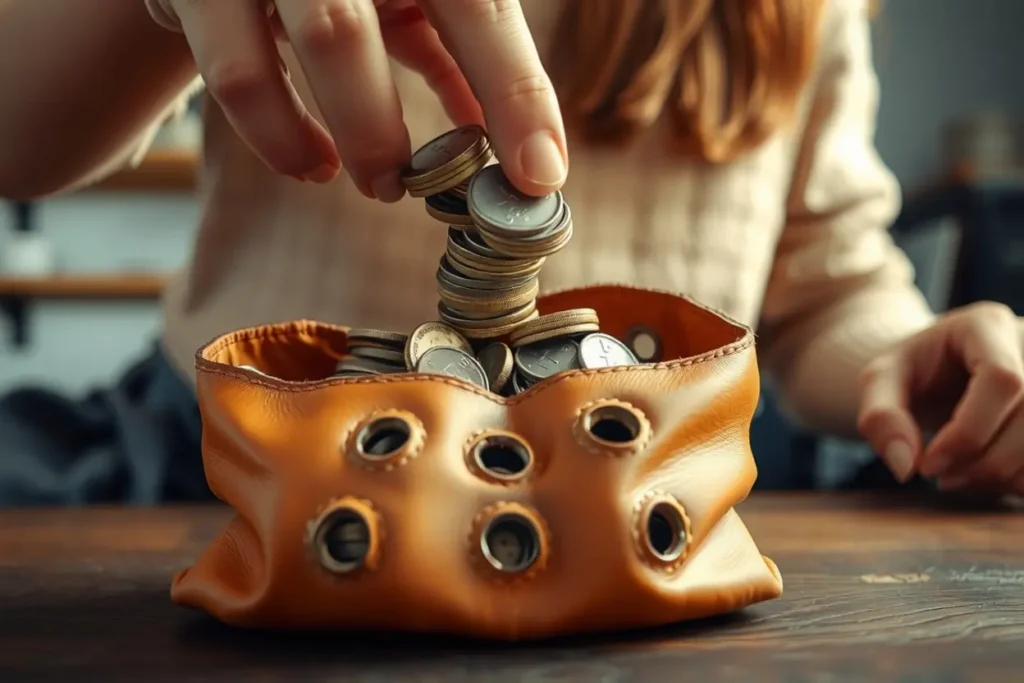 Mãos e bolsa furada, simbolizando a falta de prosperidade.