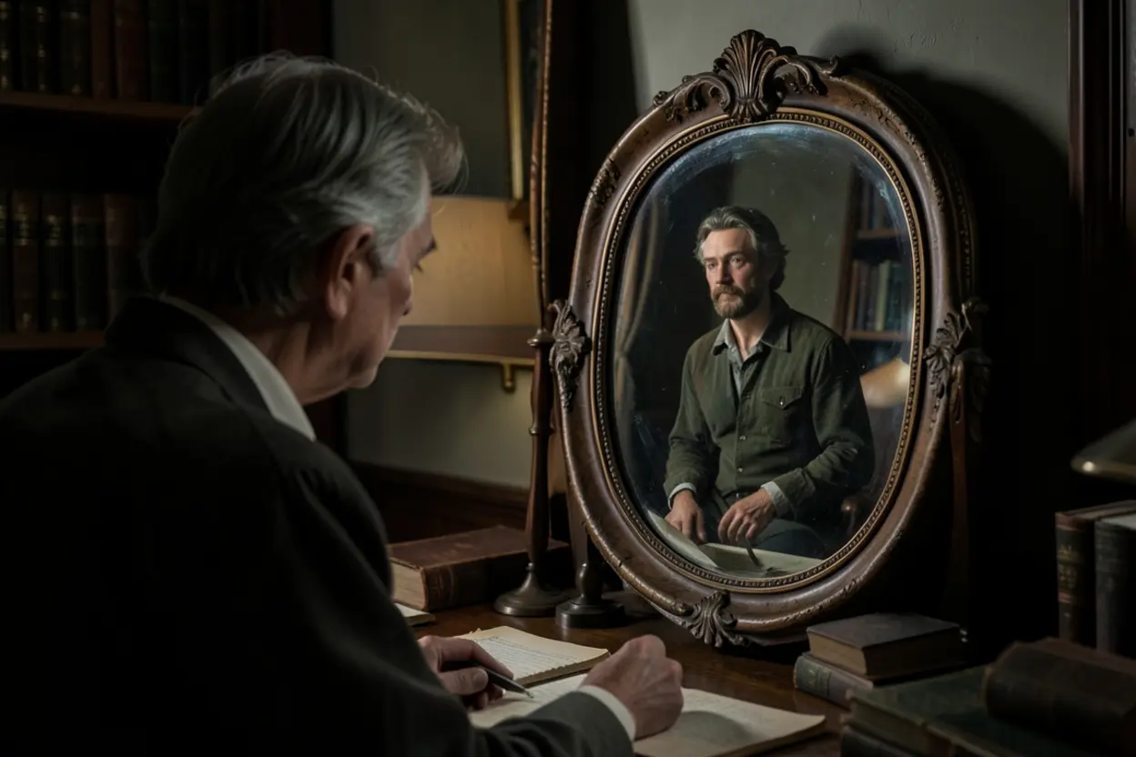 Pessoa olhando em um espelho distorcido, refletindo a autossuficiência.