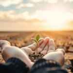 Mãos segurando broto em terra seca, simbolizando restauração.