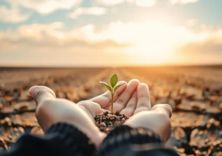 Mãos segurando broto em terra seca, simbolizando restauração.