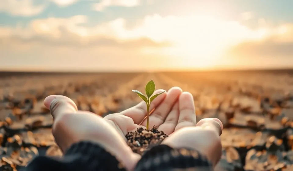 A Profunda Verdade de Joel 2:25: Restituição dos Anos Devorados Explicada Mãos segurando broto em terra seca, simbolizando restauração.
