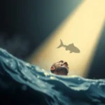 Homem emergindo da água em direção à luz, simbolizando a salvação de Jonas.