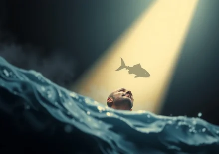 Homem emergindo da água em direção à luz, simbolizando a salvação de Jonas.
