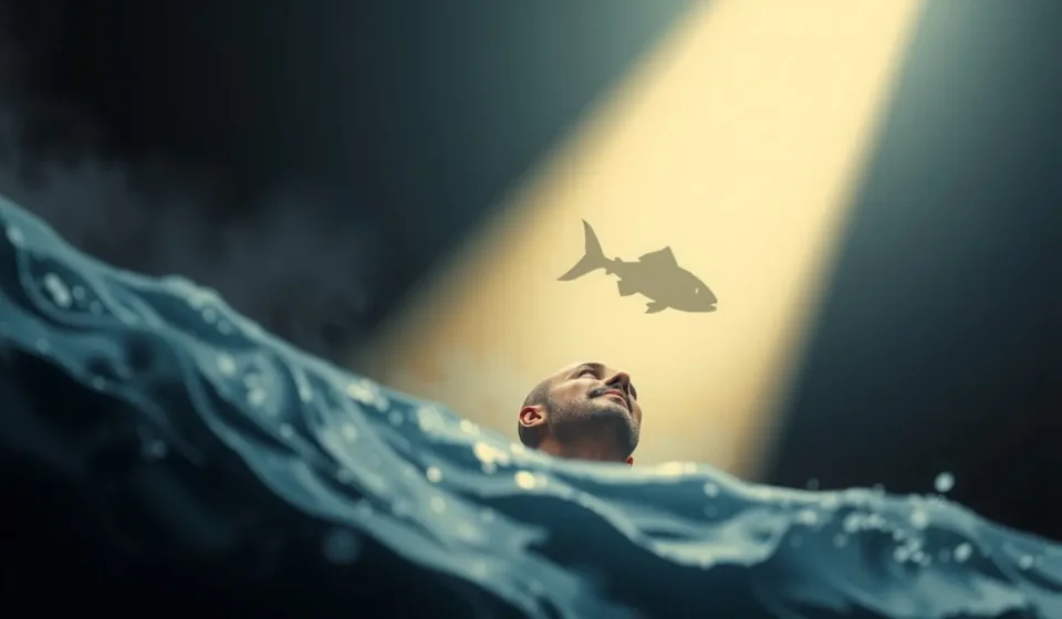 Homem emergindo da água em direção à luz, simbolizando a salvação de Jonas.
