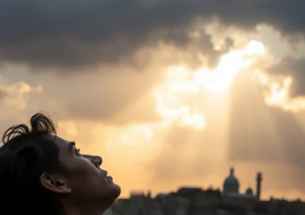 Pessoa refletindo sob um céu dramático, simbolizando a transformação.