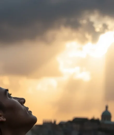 Jonas 3:10 – Entenda o Amor Inesperado de Deus Pessoa refletindo sob um céu dramático, simbolizando a transformação.