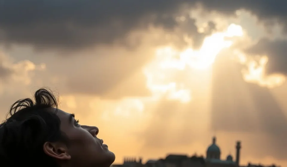 Pessoa refletindo sob um céu dramático, simbolizando a transformação.