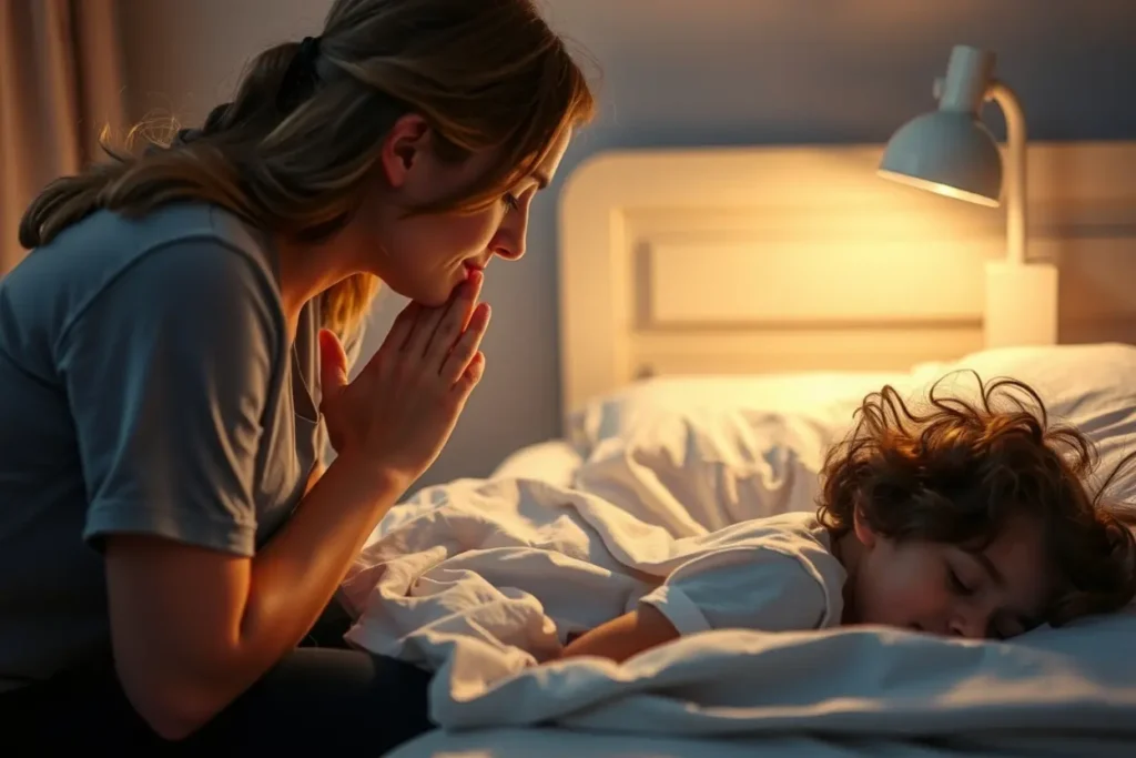 Mãe orando ao lado da cama do filho, buscando orientação divina.