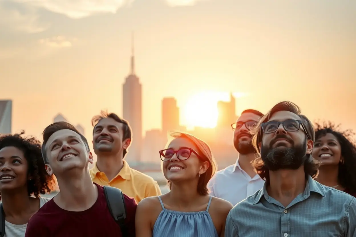 Pessoas diversas olhando para o céu com esperança