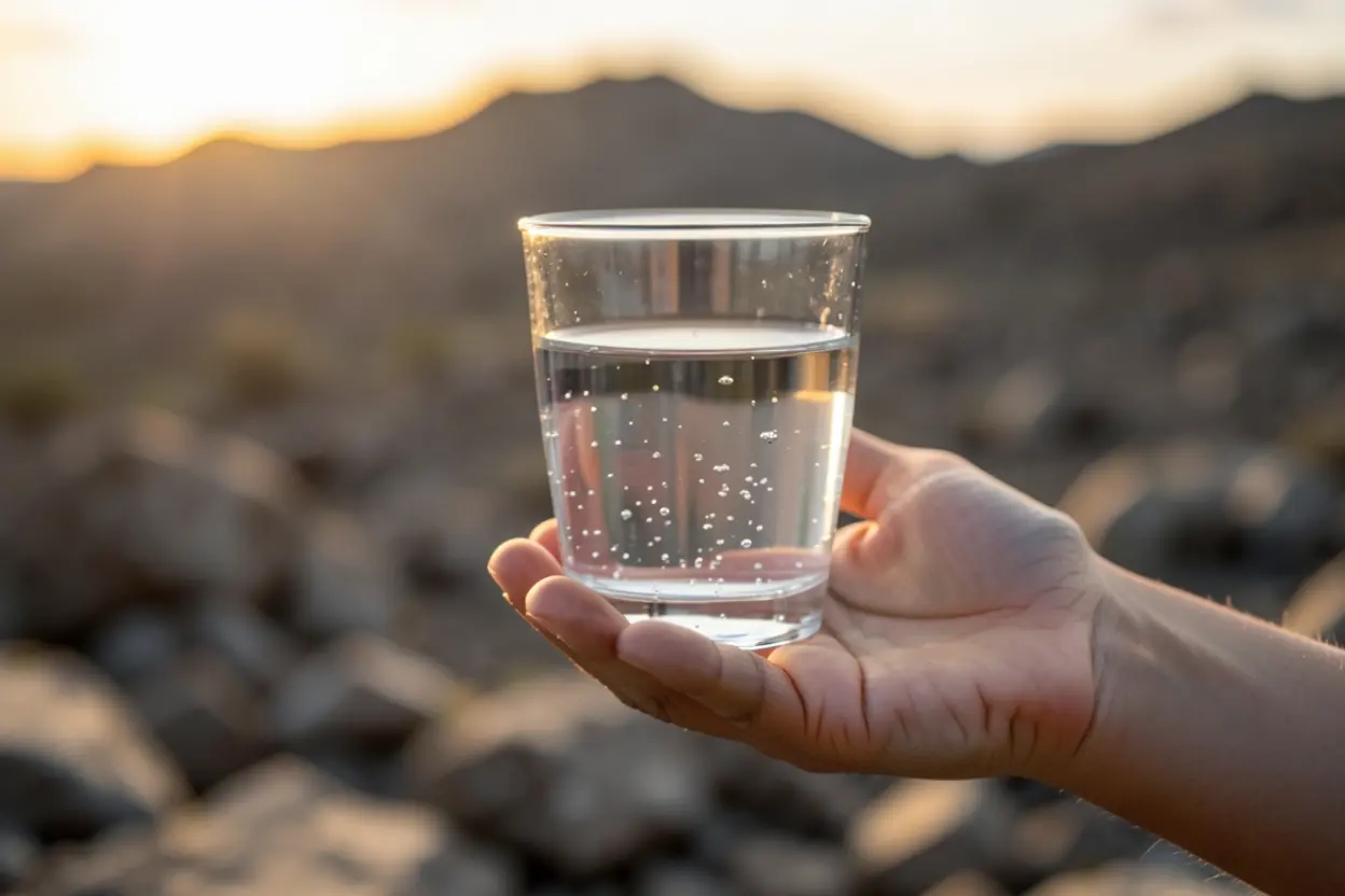 Cálice de água pura oferecido em contraste com deserto.
